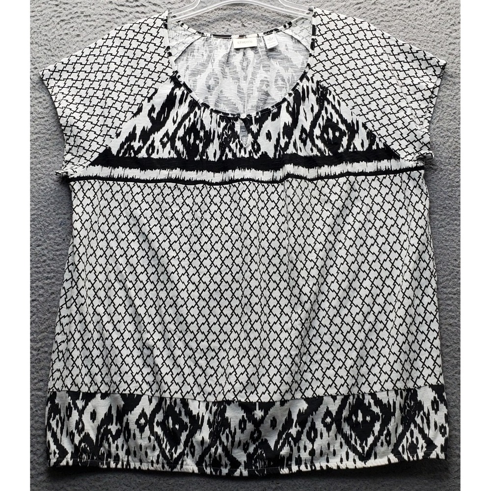 Chico's Blouse Top Women XL Multi Ikat print Short Sleeve Keyhole Neck Boho Chic